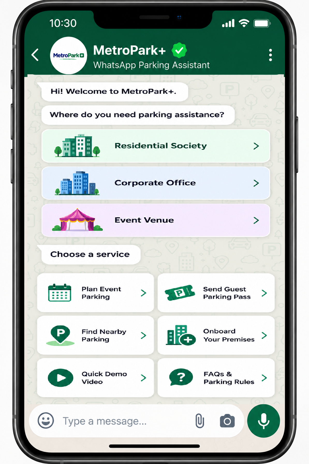 MetroPark+ WhatsApp Parking Assistant options for residential societies, corporate offices and event venues