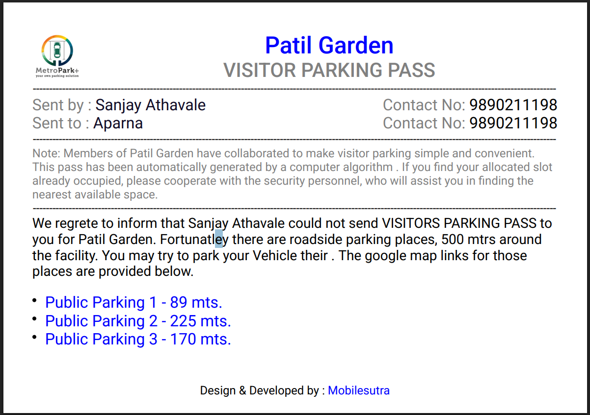 Sample MetroPark+ visitor parking pass